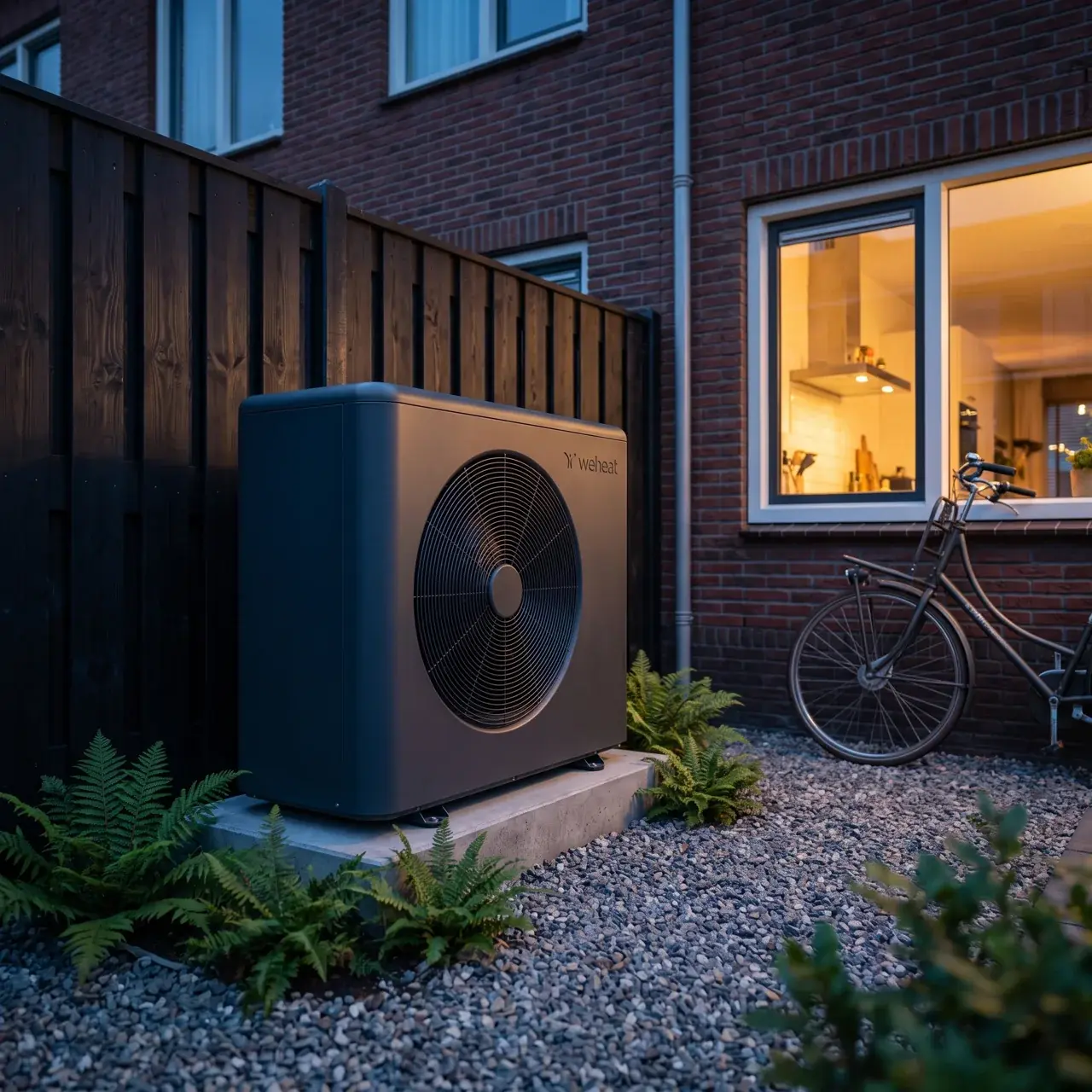 Weheat Flint warmtepomp in een achtertuin in de avond